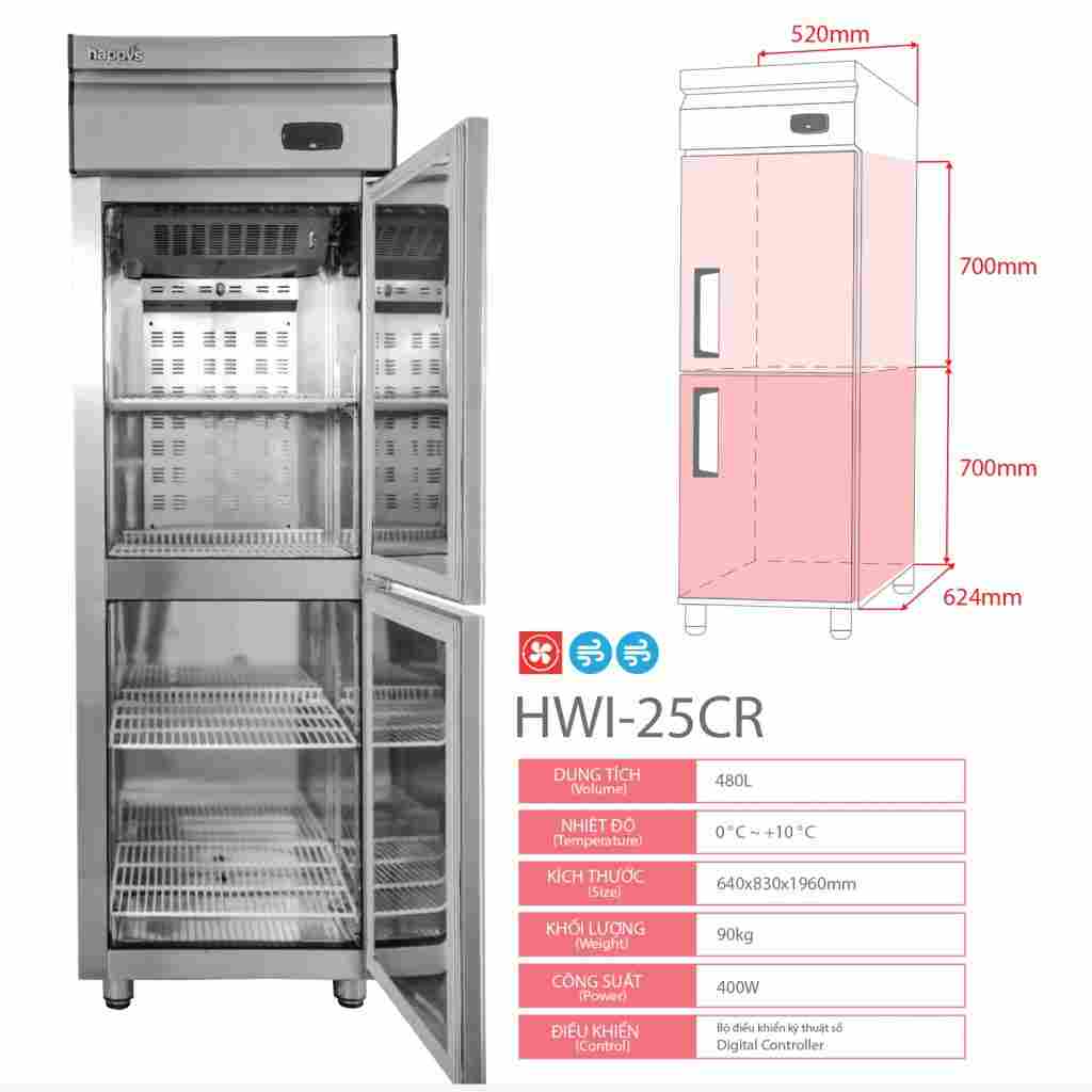 Tủ mát 2 cánh Happys HWI-25CR (Quạt gió) dung tích 500L