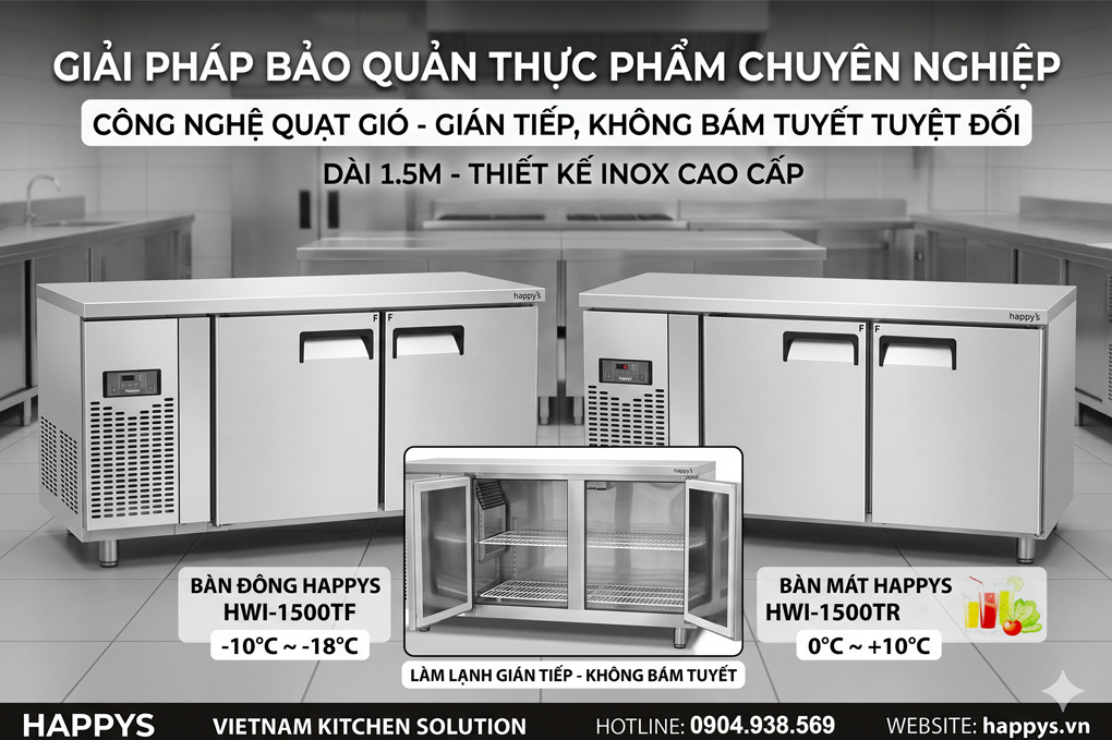 Dựa trên yêu cầu của bếp nhà hàng về dòng bàn đông / bàn mát Happys dài 1.5m, sử dụng công nghệ làm lạnh gián tiếp (quạt gió) không bám tuyết, dưới đây là thông tin chi tiết và hình ảnh thực tế của sản phẩm Bàn Đông/Mát Happys 1.5m No-Frost